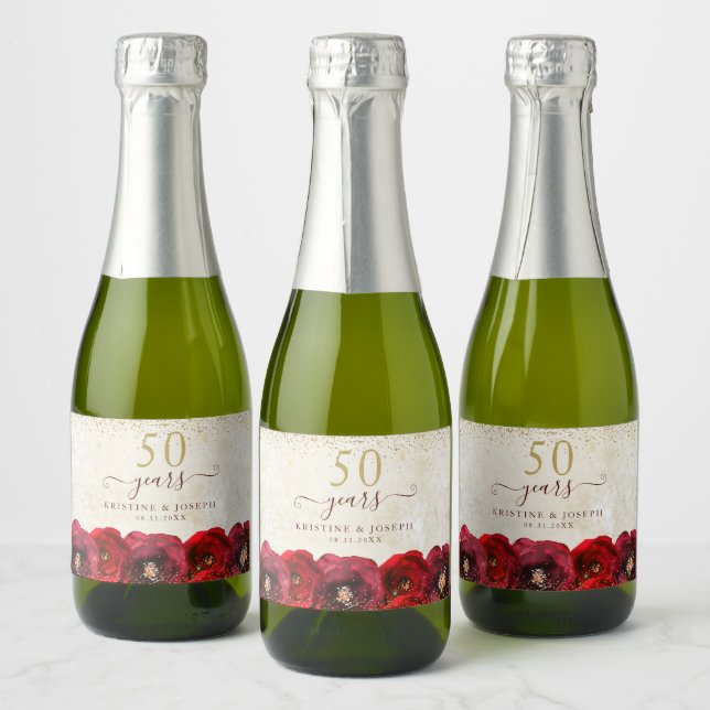 Elegant Red Rose Floral Gold 50th Anniversary Sparkling Wine Label (Bottles)