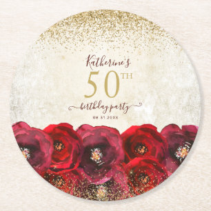 Elegant Red Rose Floral Gold 50th Birthday Party Round Paper Coaster