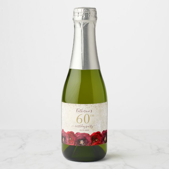 Elegant Red Rose Floral Gold 60th Birthday Party Sparkling Wine Label (Front)