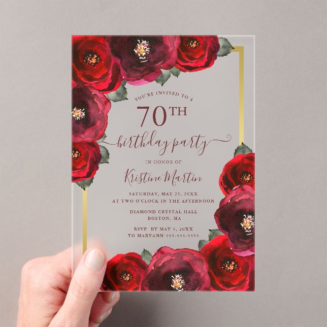 Elegant Red Rose Floral Gold 70th Birthday Party Acrylic Invitations (Insitu (Handheld))