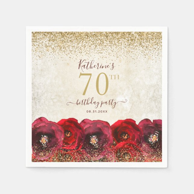 Elegant Red Rose Floral Gold 70th Birthday Party Napkins (Front)