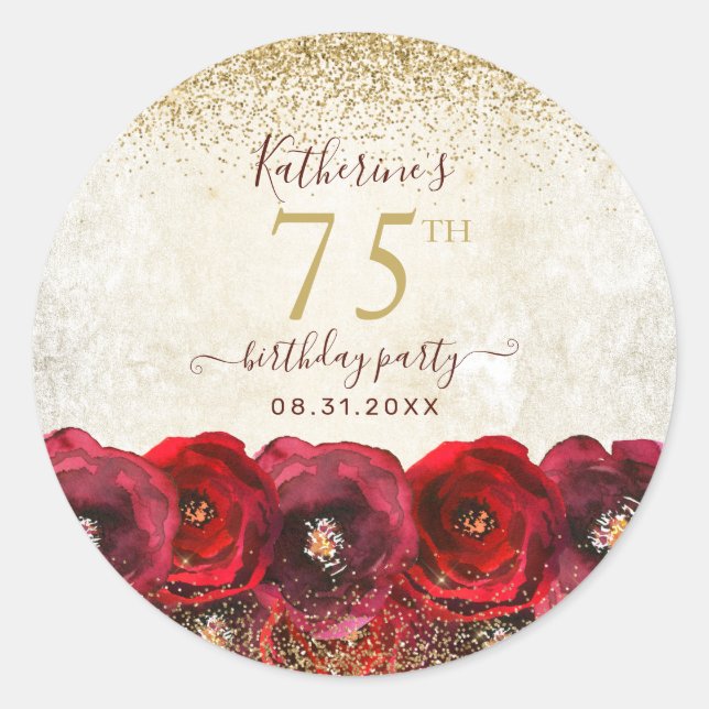 Elegant Red Rose Floral Gold 75th Birthday Party Classic Round Sticker (Front)