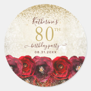 Elegant Red Rose Floral Gold 80th Birthday Party Classic Round Sticker