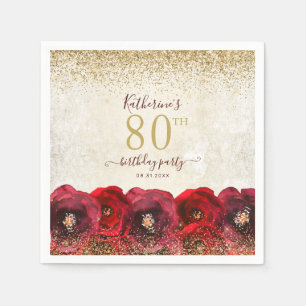 Elegant Red Rose Floral Gold 80th Birthday Party Napkins