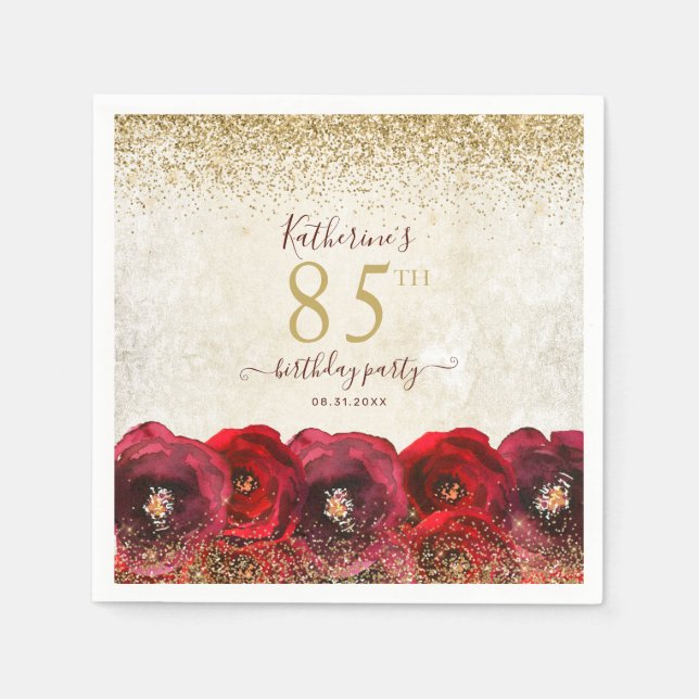 Elegant Red Rose Floral Gold 85th Birthday Party Napkins (Front)