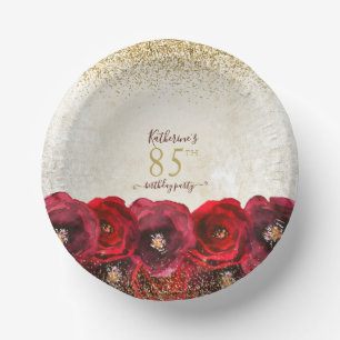 Elegant Red Rose Floral Gold 85th Birthday Party Paper Bowls