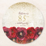 Elegant Red Rose Floral Gold 85th Birthday Party Round Paper Coaster<br><div class="desc">These elegant floral 85th birthday party paper coasters feature red roses painted in watercolor with a name and date to personalize in modern script calligraphy on a shimmer gold background with faux gold glitter. Designed by Susan Coffey.</div>