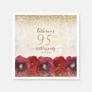 Elegant Red Rose Floral Gold 95th Birthday Party Napkins