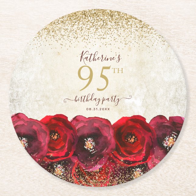 Elegant Red Rose Floral Gold 95th Birthday Party Round Paper Coaster (Front)