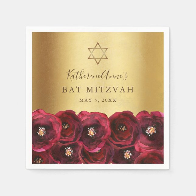 Elegant Red Rose Floral Gold Bat Mitzvah Napkins (Front)