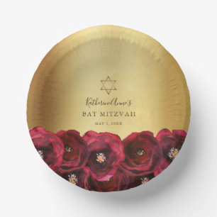 Elegant Red Rose Floral Gold Bat Mitzvah Paper Bowls