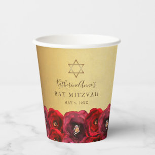 Elegant Red Rose Floral Gold Bat Mitzvah Paper Cups