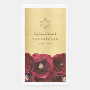 Elegant Red Rose Floral Gold Bat Mitzvah Paper Guest Towels
