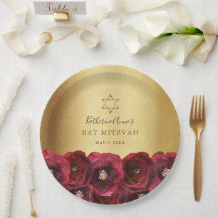 Elegant Red Rose Floral Gold Bat Mitzvah Paper Plates