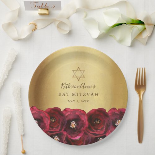 Elegant Red Rose Floral Gold Bat Mitzvah