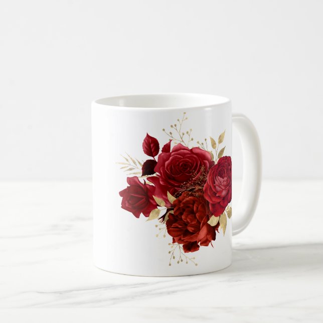 Elegant Red Rose Floral Gold Bouquet Coffee Mug (Front Right)
