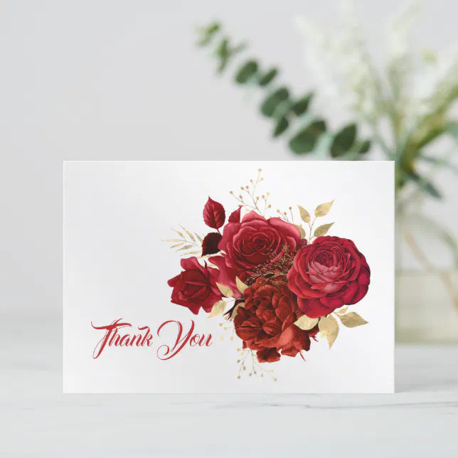 Elegant Red Rose Floral Gold Bouquet Thank You Card | Zazzle