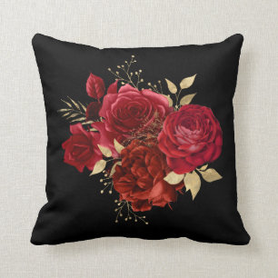 Elegant Red Rose Floral Gold Bouquet Throw Pillow