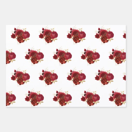 Elegant Red Rose Floral Gold Bouquet Wrapping Paper Sheets | Zazzle