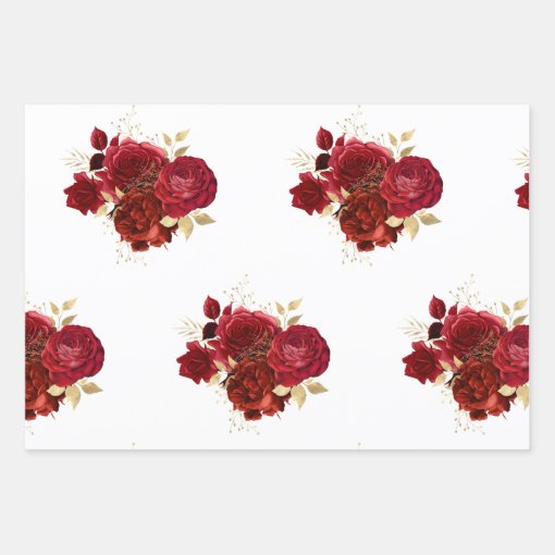 Elegant Red Rose Floral Gold Bouquet Wrapping Paper Sheets | Zazzle