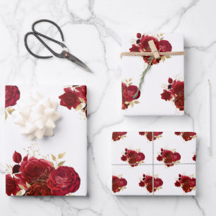 Elegant Red Rose Floral Gold Bouquet Wrapping Paper Sheets