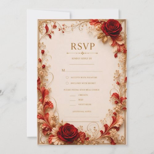 Elegant Red Rose Floral Gold Wedding RSVP Invitati