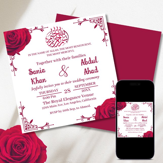 Elegant Red Rose Floral Islamic Muslim Wedding  Invitation (Creator Uploaded)