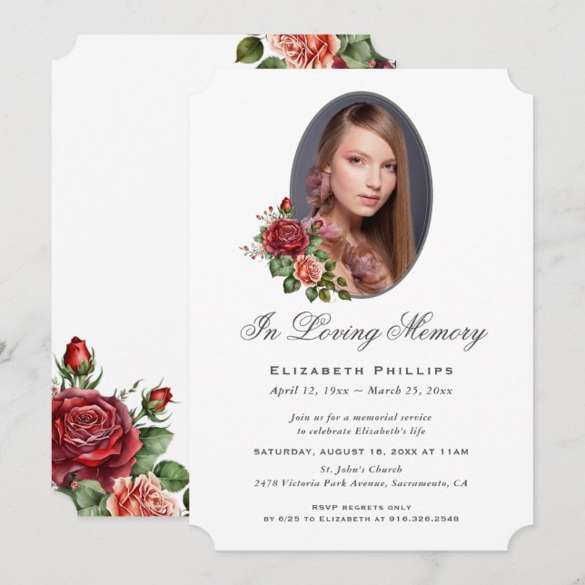 Elegant Red Rose Floral Photo Memorial Invitation (Front/Back)