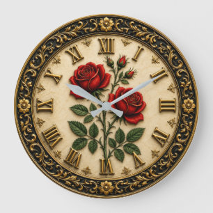 Elegant Red Rose Floral Vintage Ornate Black Gold Large Clock