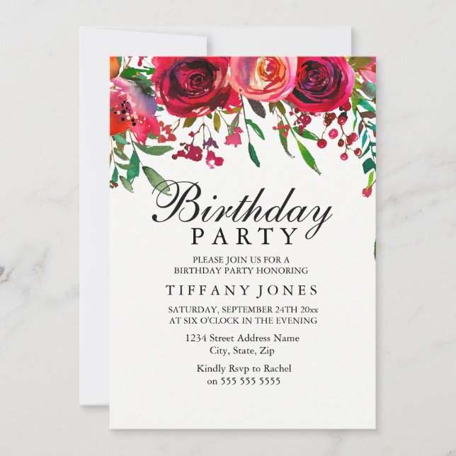 Elegant Red Rose Flower Birthday Party invite (Front)