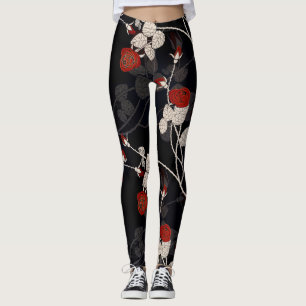 Elegant Red Rose Flower Black Floral Leggings