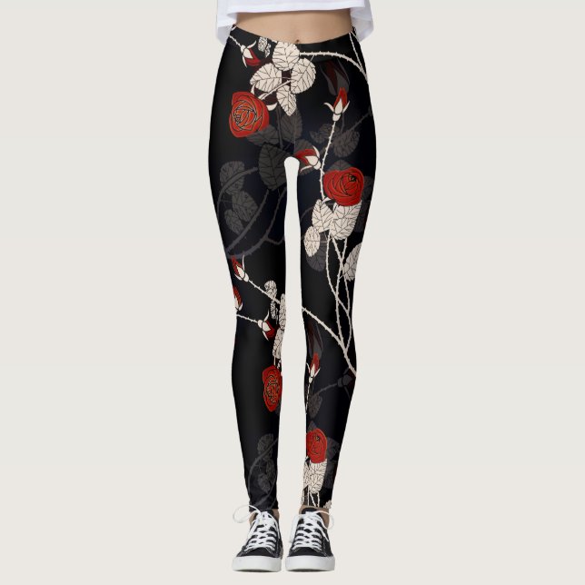 Elegant Red Rose Flower Black Floral Leggings (Front)