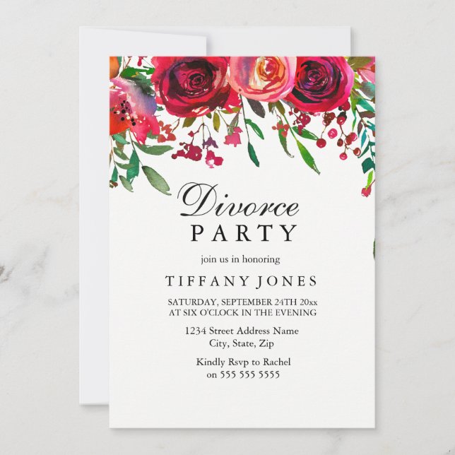 Elegant Red Rose Flower Divorce Party invite (Front)