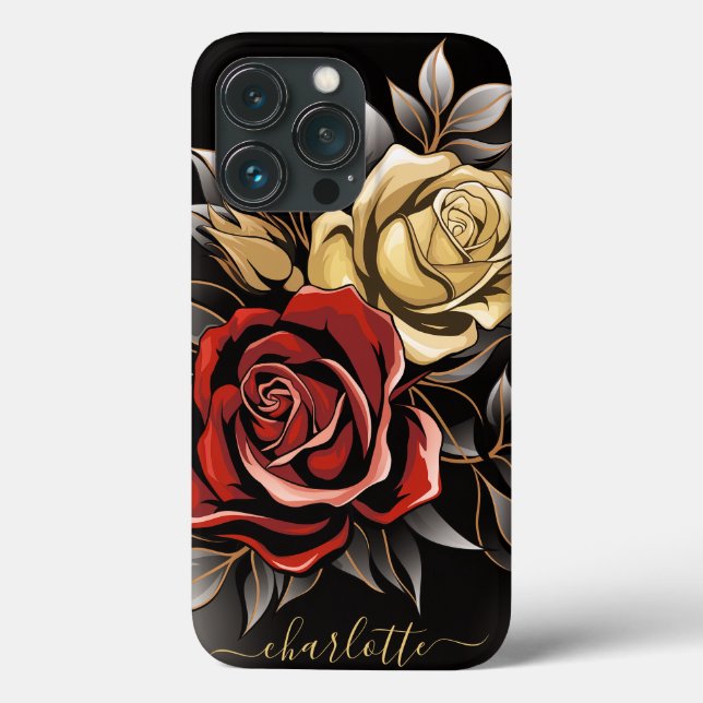 Elegant Red Rose Flower Gold Black Case-Mate iPhone Case (Back)