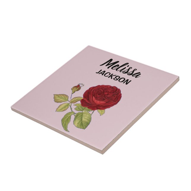 Elegant red rose flower pink ceramic tile (Side)