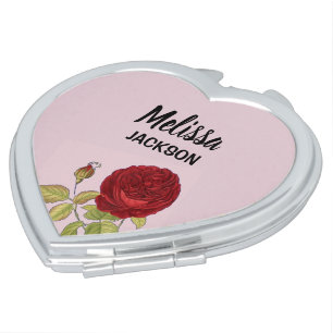 Elegant red rose flower pink compact mirror