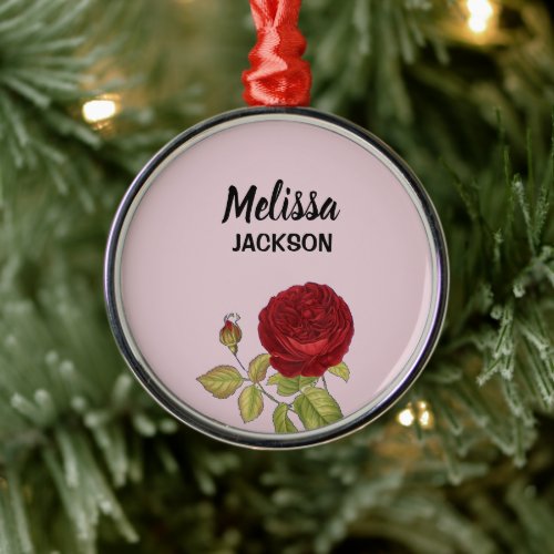 Elegant red rose flower pink metal ornament