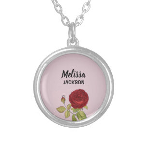 Elegant red rose flower pink silver plated necklace