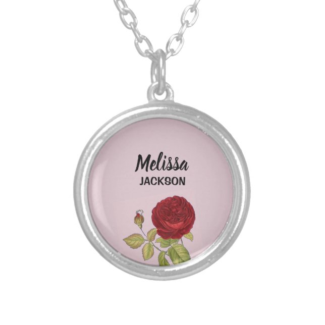 Elegant red rose flower pink silver plated necklace (Front)