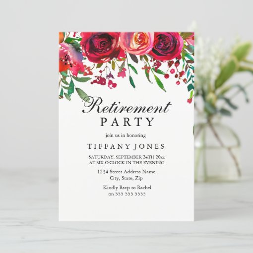 Elegant Red Rose Flower Retirement Party invite Zazzle