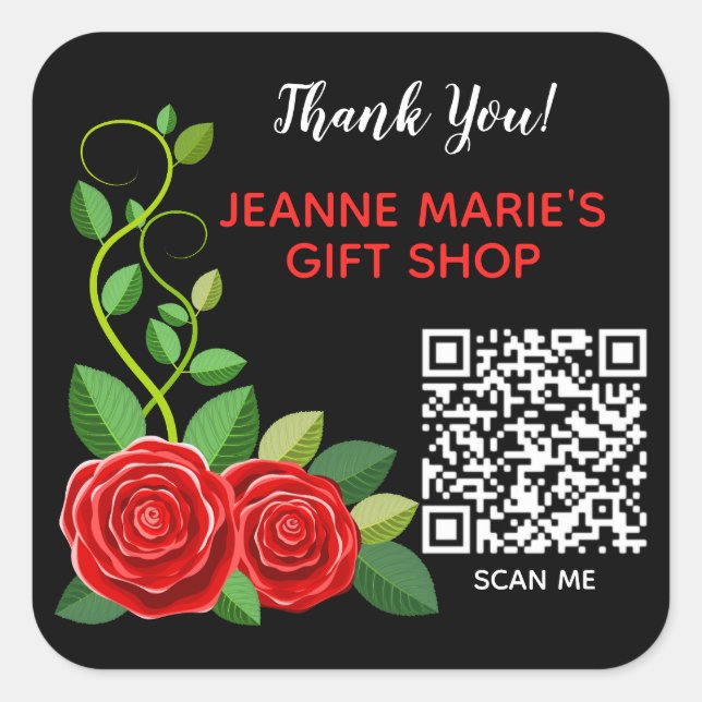 Elegant Red Rose Flower Thank You QR Code Square Sticker (Front)