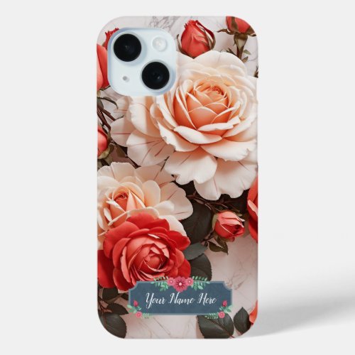 Elegant Red Rose Flowers on White Marble iPhone 15 Case