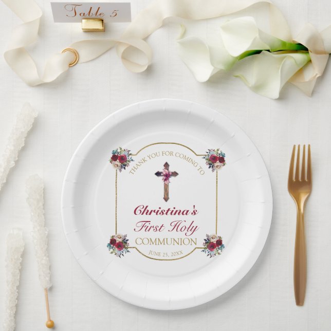 Elegant Red Rose Gold Cross 1st Holy Communion  Paper Plates (Wedding)