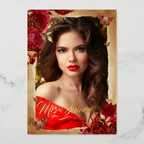 Elegant Red Rose Gold Floral Photo Quinceanera  Foil Invitation