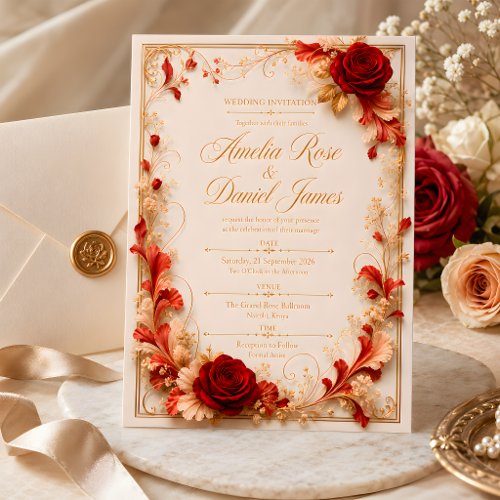 Elegant Red Rose & Gold Floral Wedding Invitation