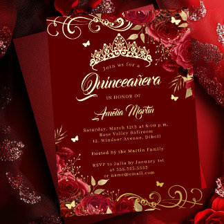 Elegant Red Rose Gold Swirl Quinceanera   Foil Invitation