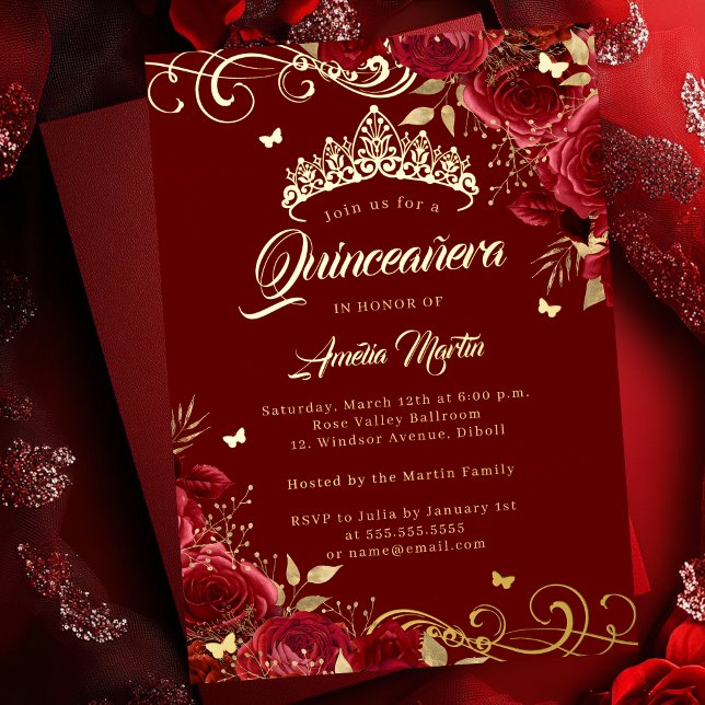 Elegant Red Rose Gold Swirl Quinceanera   Foil Invitation (Creator Uploaded)