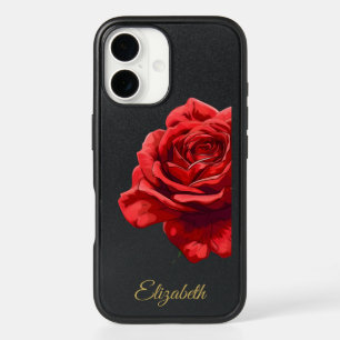 Elegant Red Rose & Golden Script Floral Romantic iPhone 16 Case