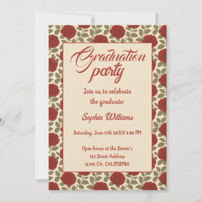 Elegant Red Rose Graduation Invitation with Photos (Front)