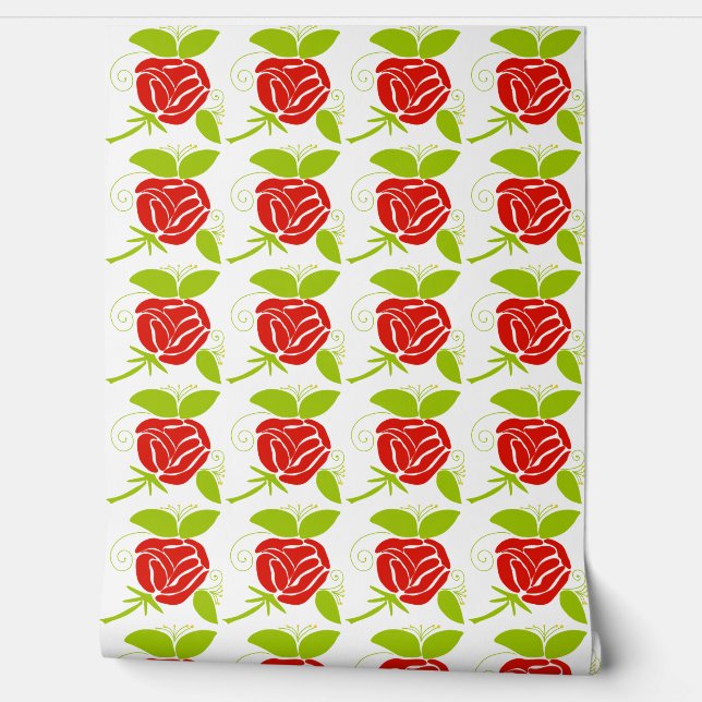 Elegant Red Rose & Green Leaf Pattern Wallpaper (Unrolling)